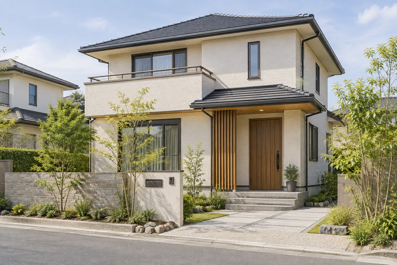 外壁と屋根、木目の玄関を整えたリフォーム後のイメージ住宅
